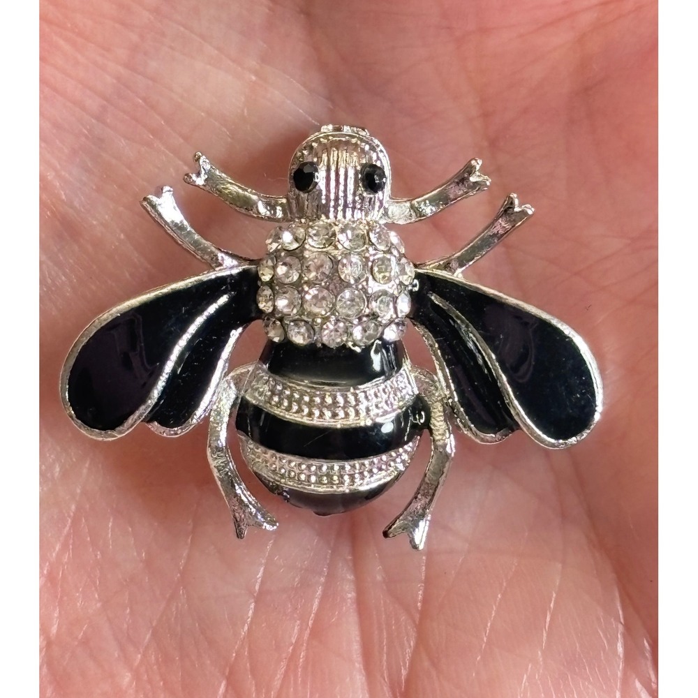 Bee Insect Bug Brooch Pin Black Enamel Rhinestone Insect Accent Silver Tone
